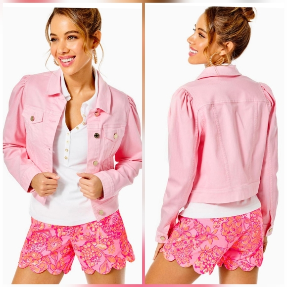 LILLY PULITZER Laylani Fitted Puff Sleeves Denim Jacket pink size small - Picture 3 of 16